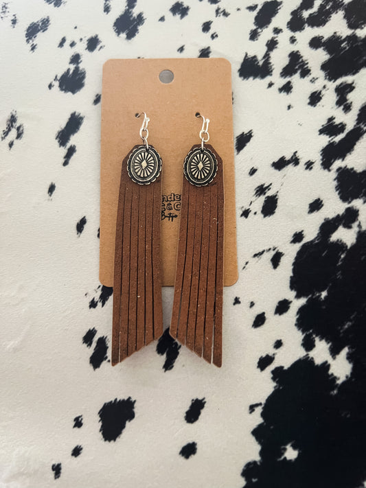 Silver Concho with Leather Fridge Earrings