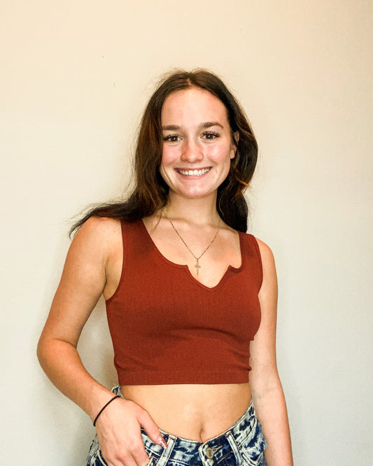 Split Neck Ribbed Crop Top